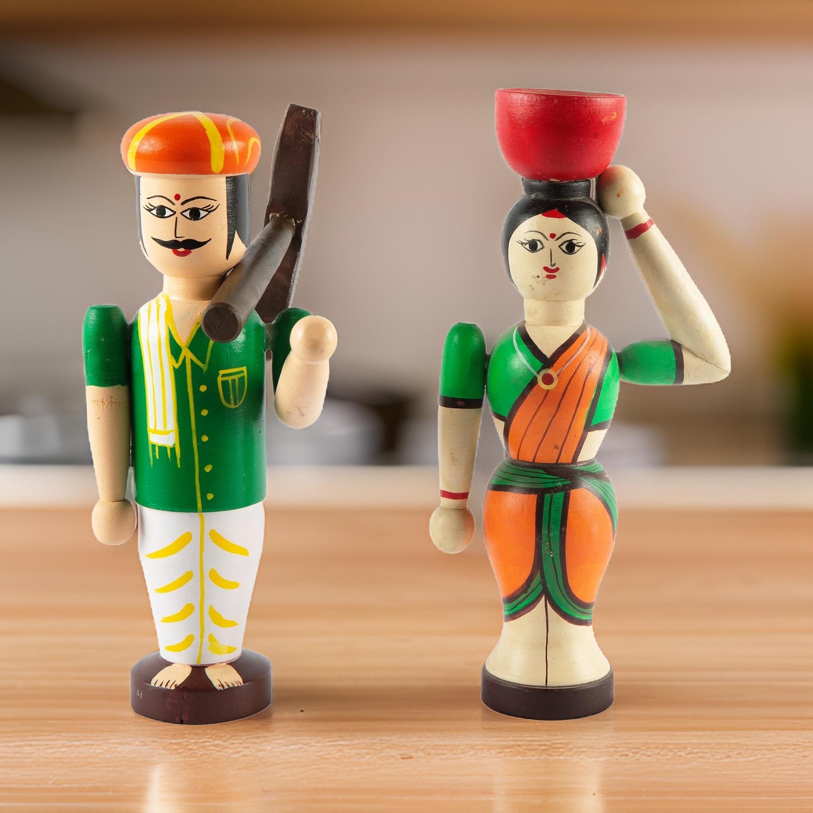 Hand-turned farmer couple — Meeran Art & Crafts, Channapatna